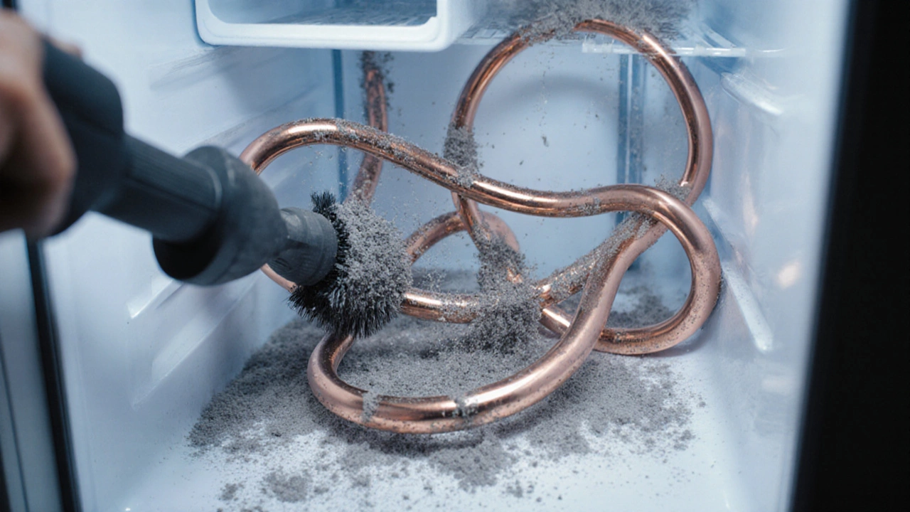 Close‑up of dusty condenser coils being cleaned with a brush and vacuum.