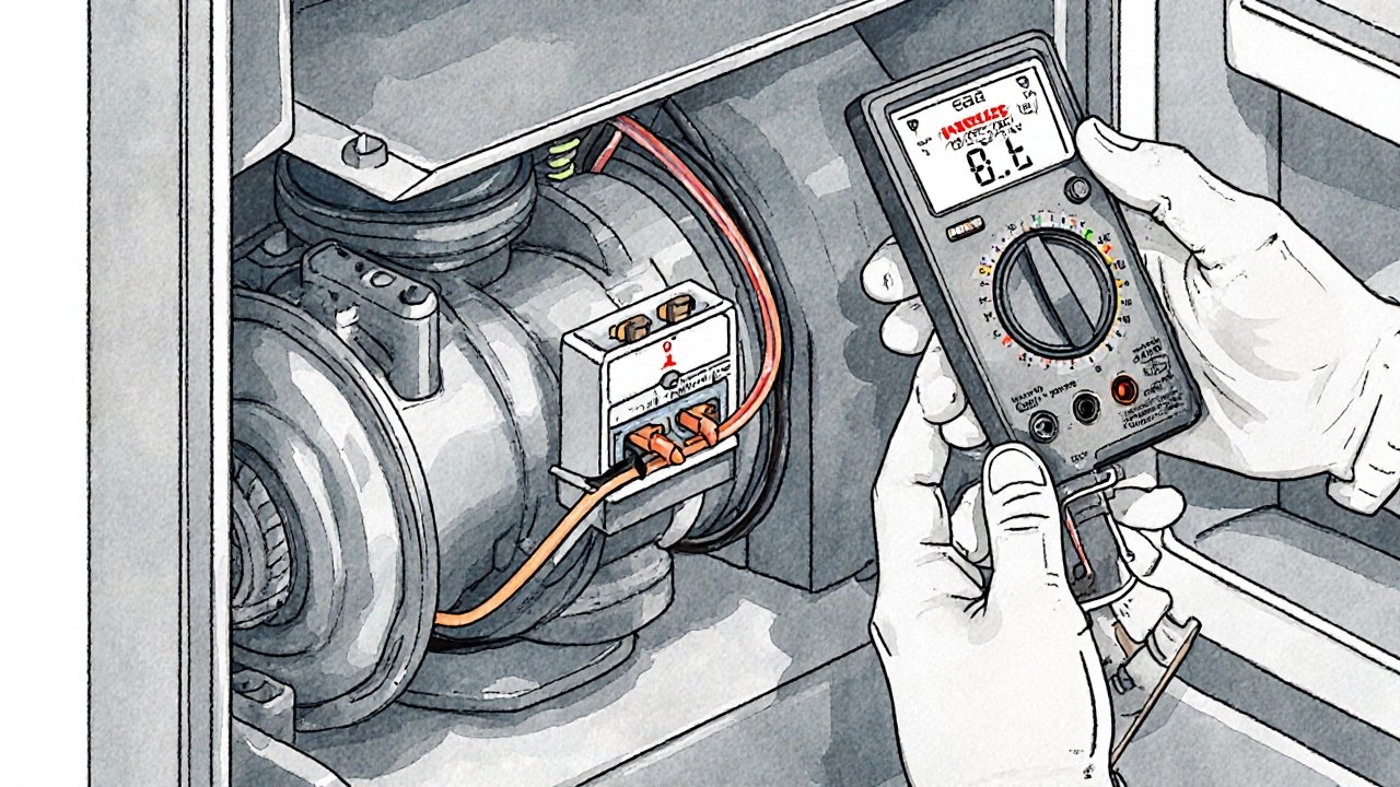 Close‑up of fridge back panel showing compressor, start relay and multimeter connections.
