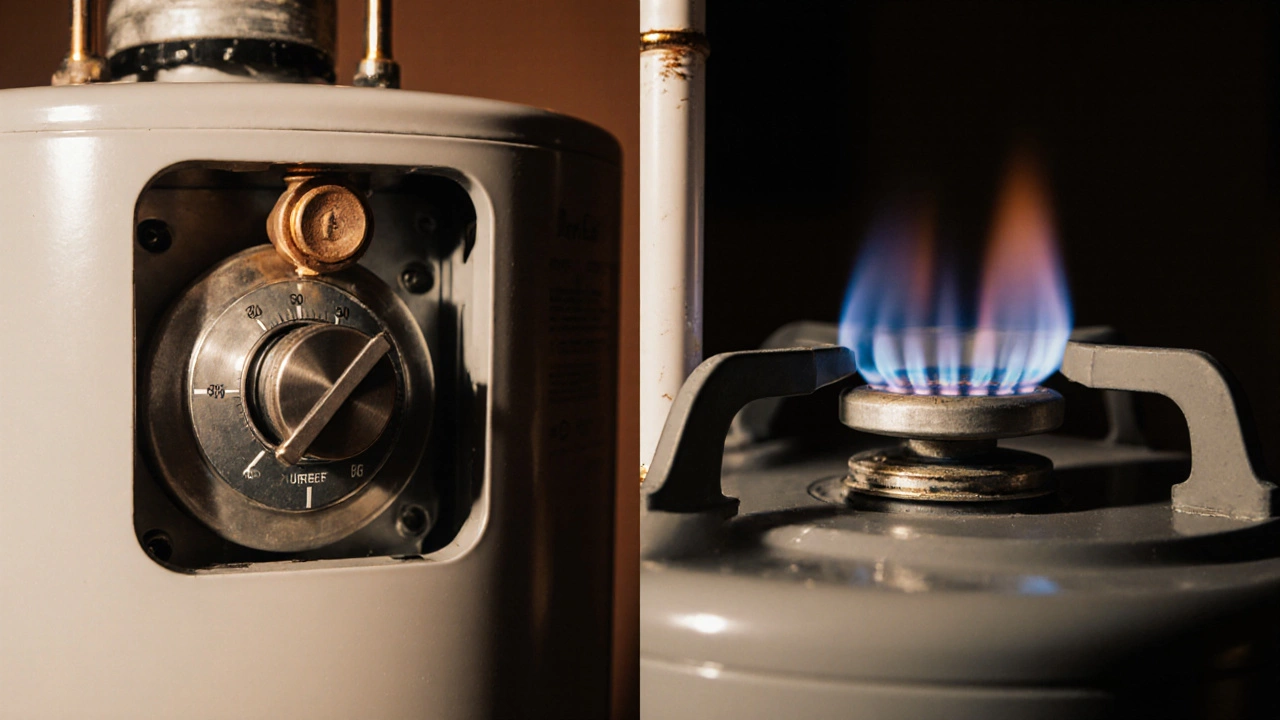 Close-up of water heater interior showing thermostat, pressure valve, burner, element, dip tube, and anode rod.