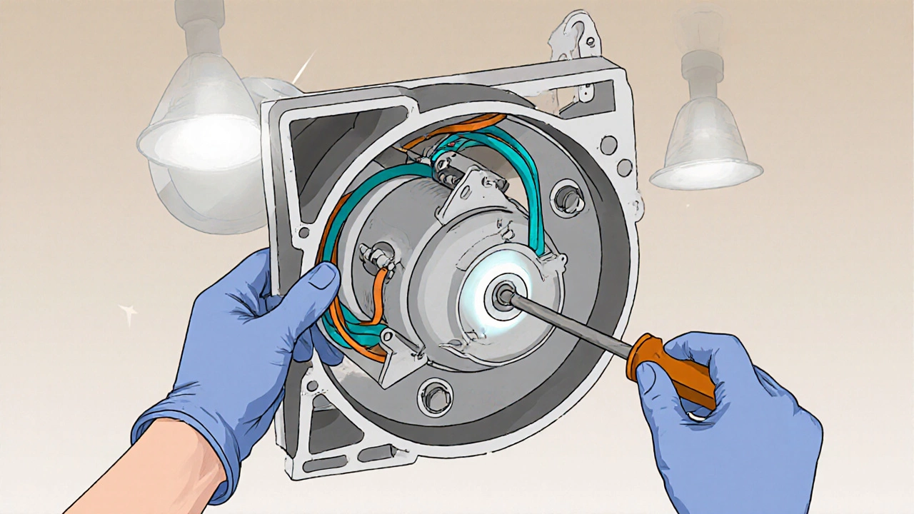 Cutaway illustration of fan housing showing motor, screws, and wiring.