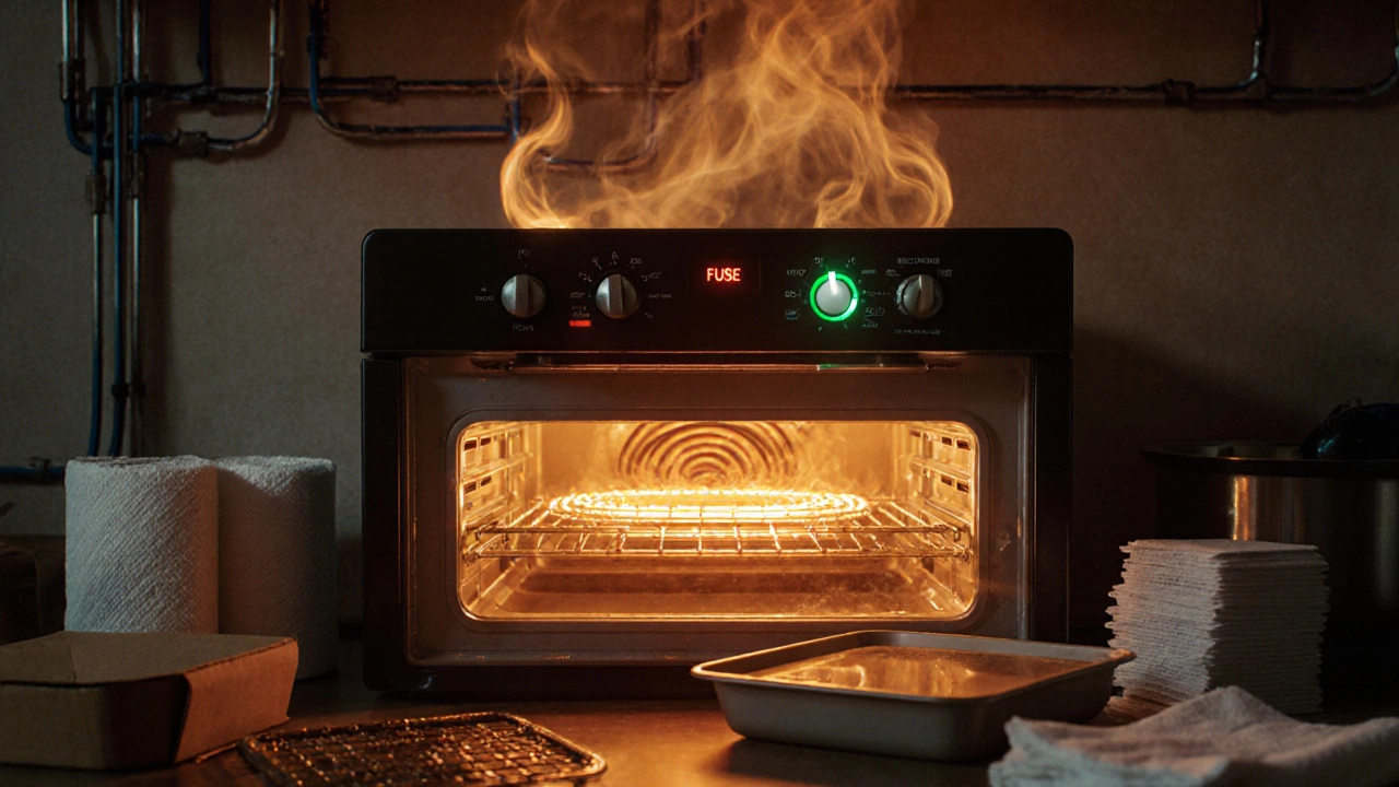 Cutaway of oven interior showing hot coil, thermostat, fuse, and nearby flammable items.