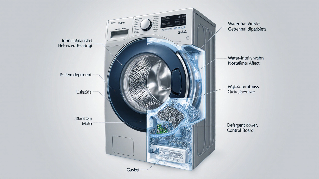 Cutaway view of a washing machine showing drum, motor, inlet valve, gasket, and control board.