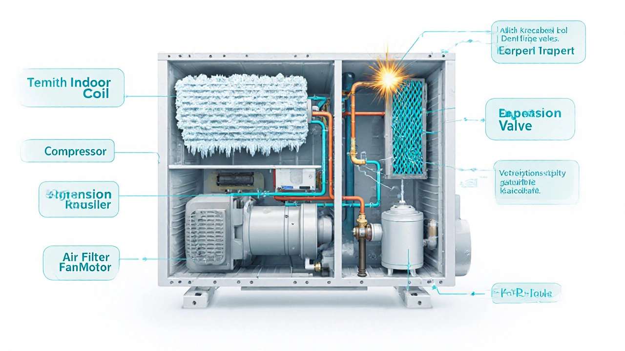 Cutaway view of heat pump showing frozen outdoor coil, clogged filter, and faulty fan motor.