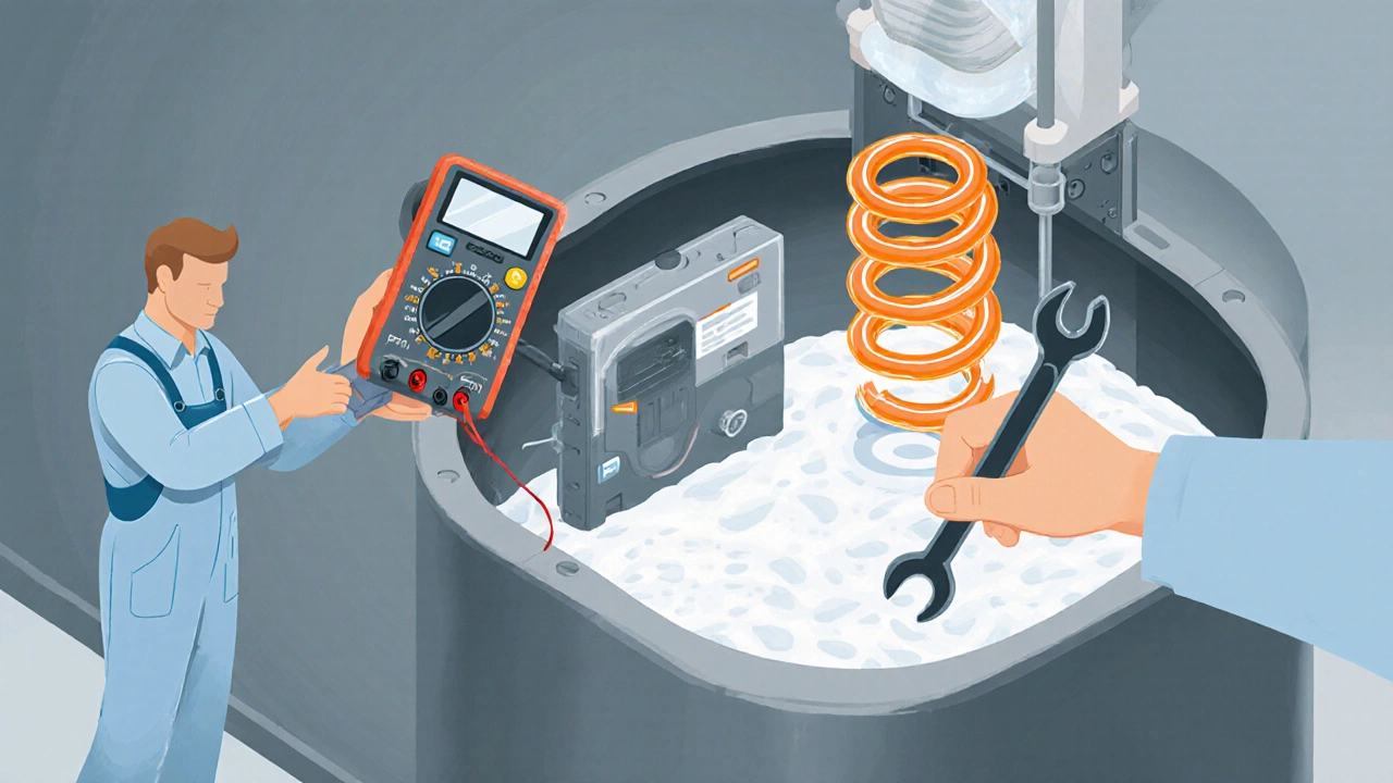 Cutaway view showing thermostat, heating element, and sediment with a technician using a multimeter.
