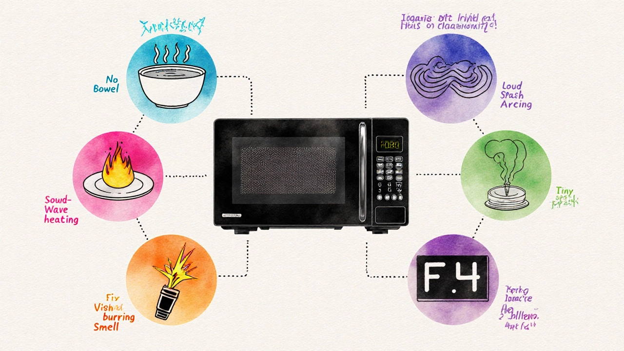 Diagram of a microwave surrounded by icons for seven magnetron failure symptoms.