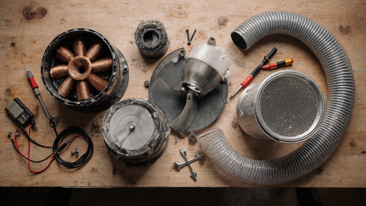 Disassembled extractor fan parts laid out on a workbench with tools.