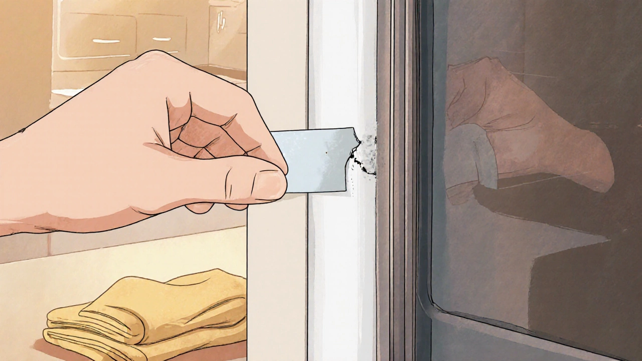 Hand pulling paper from freezer door gasket with cleaning cloth nearby.