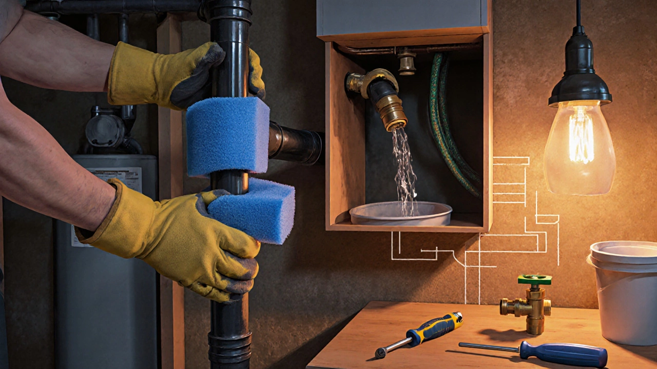 Hand wrapping pipe insulation and flushing water heater in a DIY workshop.
