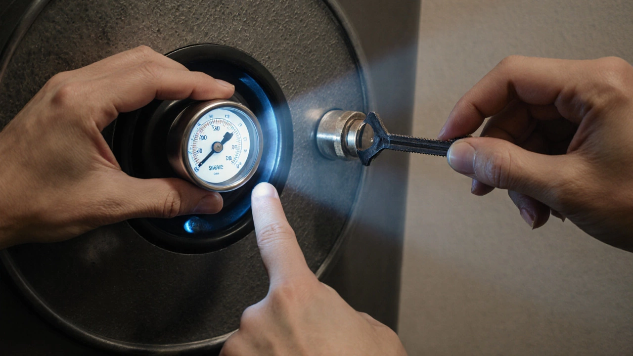 Hands checking thermostat, pressure gauge, pilot light, and bleeding radiator.