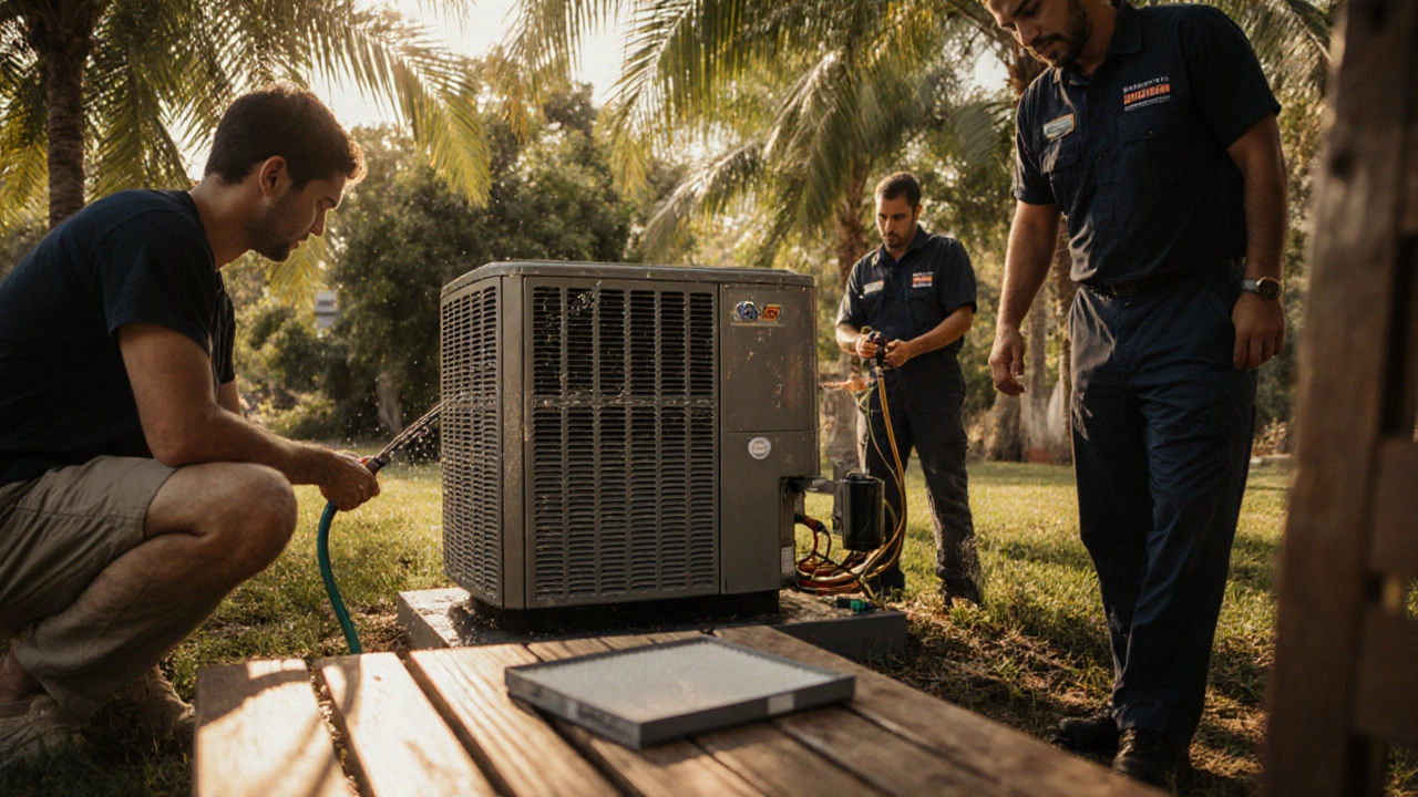 Homeowner cleaning heat pump coil beside a technician inspecting the system in a garden.