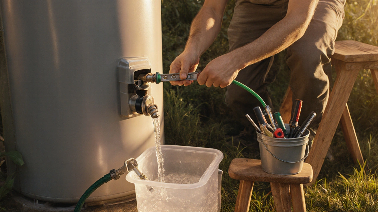 Homeowner flushing a water heater with a garden hose during maintenance.