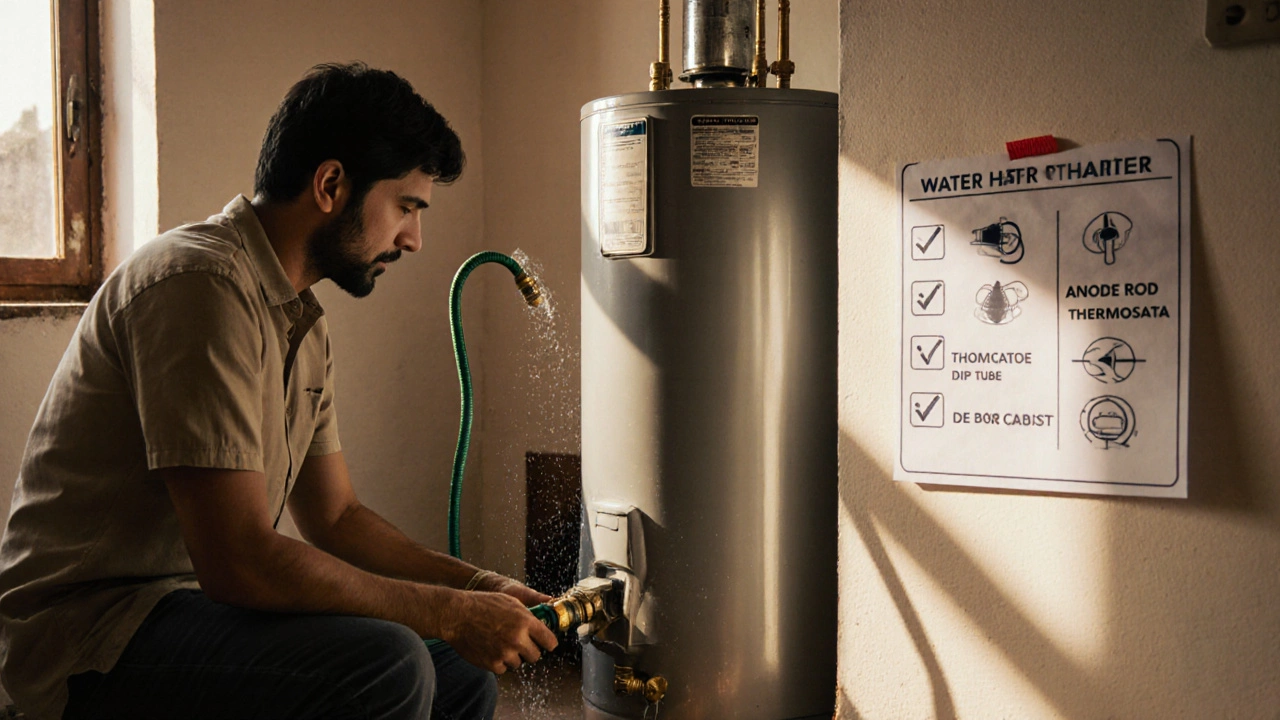 Homeowner flushing a water heater with a hose in a sunny kitchen.