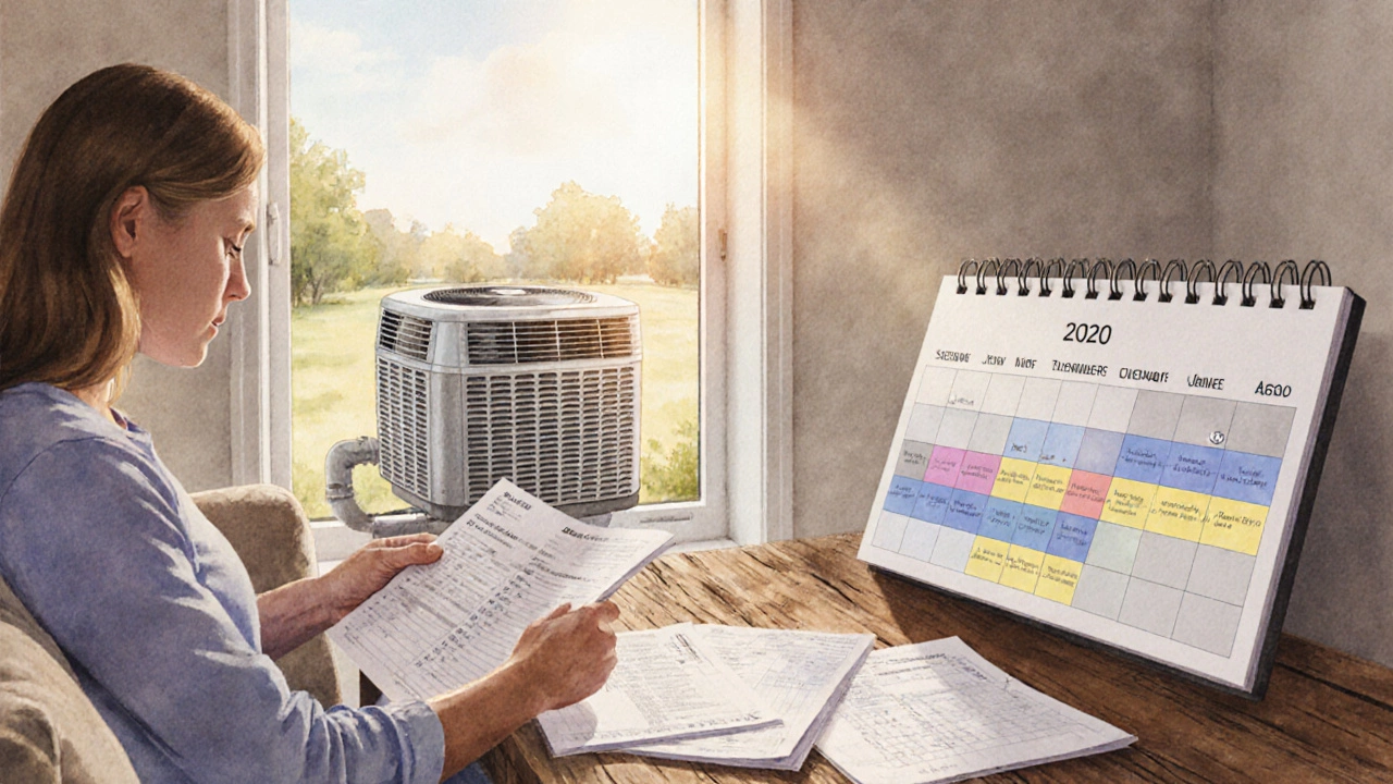 Homeowner reviewing quotes with calendar and modern heat‑pump visible outside.