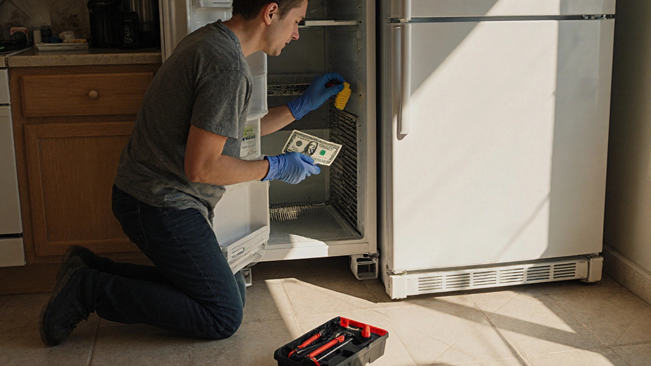 Homeowner unplugging a fridge, cleaning coils, and testing the door gasket with a dollar bill.