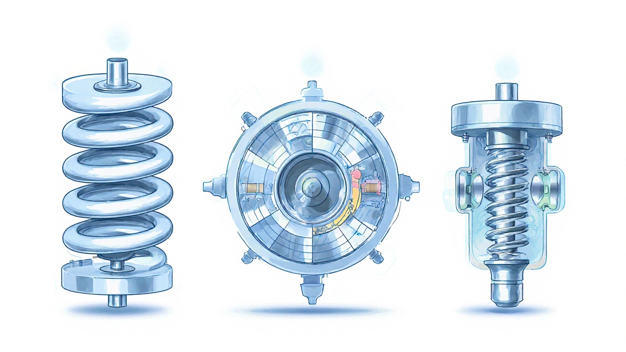 Illustration of scroll, rotary, and screw heat‑pump compressors exploded view.
