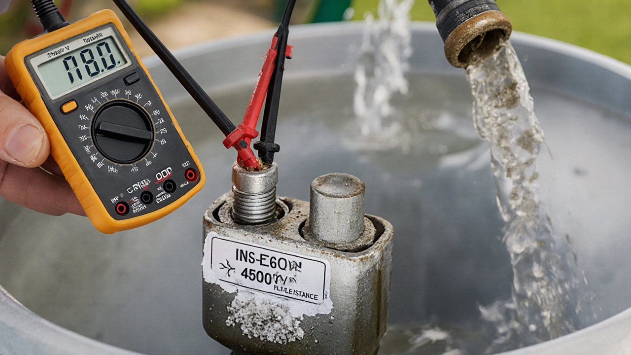 Multimeter showing no reading on water heater element terminals with mineral residue nearby.