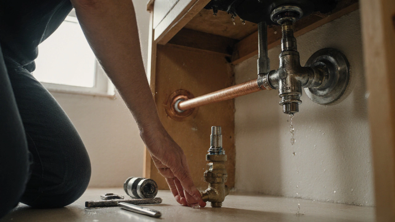 Person checking a warm pipe and mixing valve under a bathroom sink.