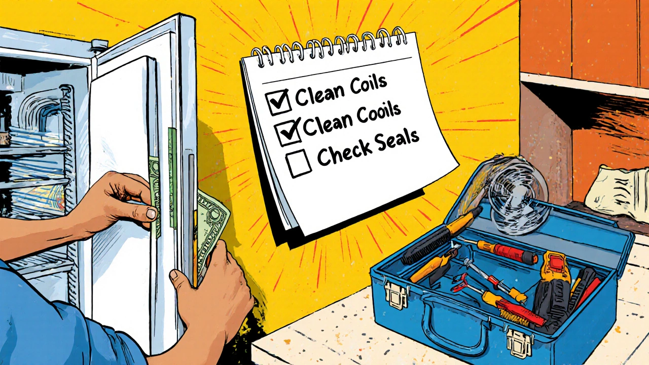 Person checks fridge door gasket and calendar during a kitchen maintenance routine.