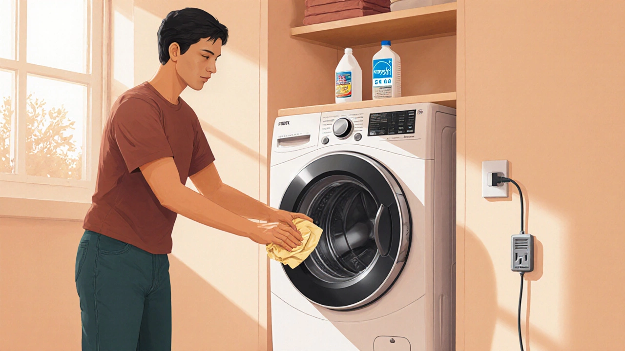 Person cleaning a washer’s gasket and drum while a new energy‑efficient washer is visible nearby.