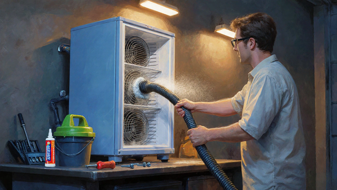 Person cleans condenser coils with a vacuum hose while safety gear and tools are nearby.