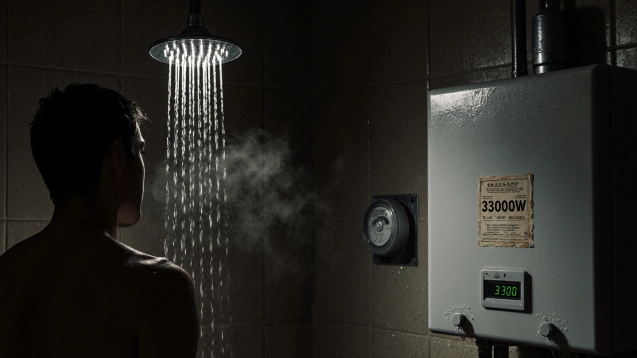 Person in shower receiving only lukewarm water while electricity meter spins rapidly.