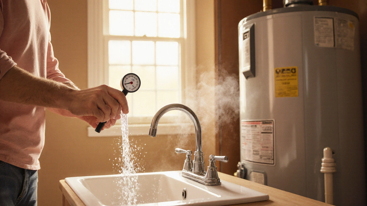 Person testing hot water temperature with a thermometer after re‑installing water heater.