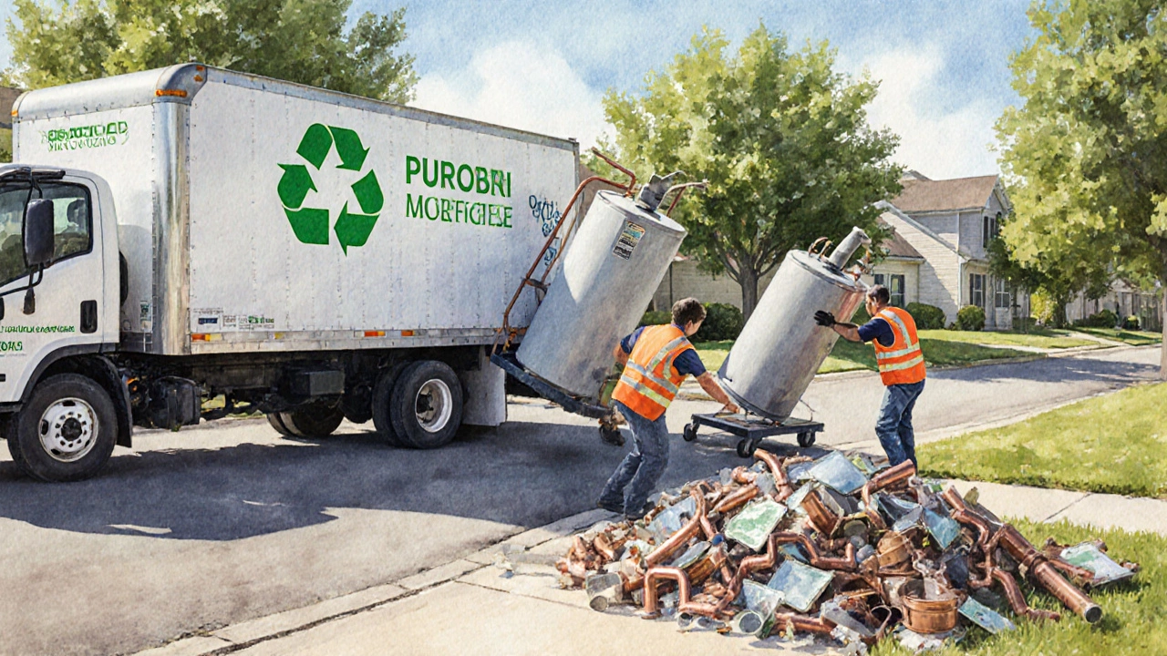 Recycling workers load an old water heater onto a truck with greenery around.