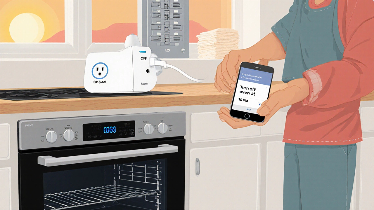Safe kitchen scene with smart plug, phone reminder, and tidy countertop.
