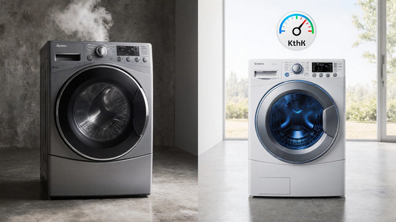 Side‑by‑side view of an old dryer and a new sleek heat‑pump dryer with energy meter.