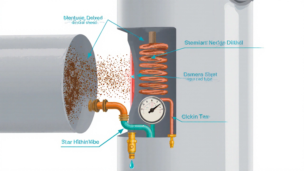 Side view diagram of a water heater highlighting corroded anode rod, burnt element, and broken dip tube.