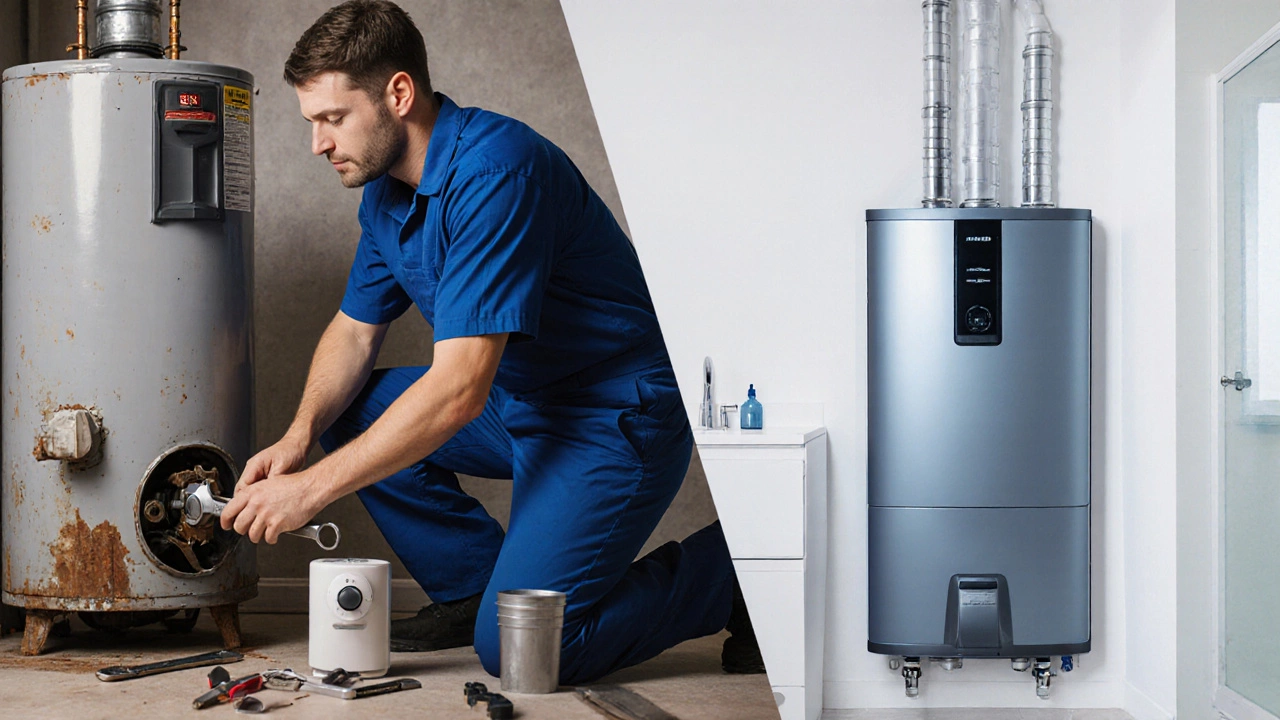 Split illustration of a plumber repairing an old heater versus a new tankless unit.