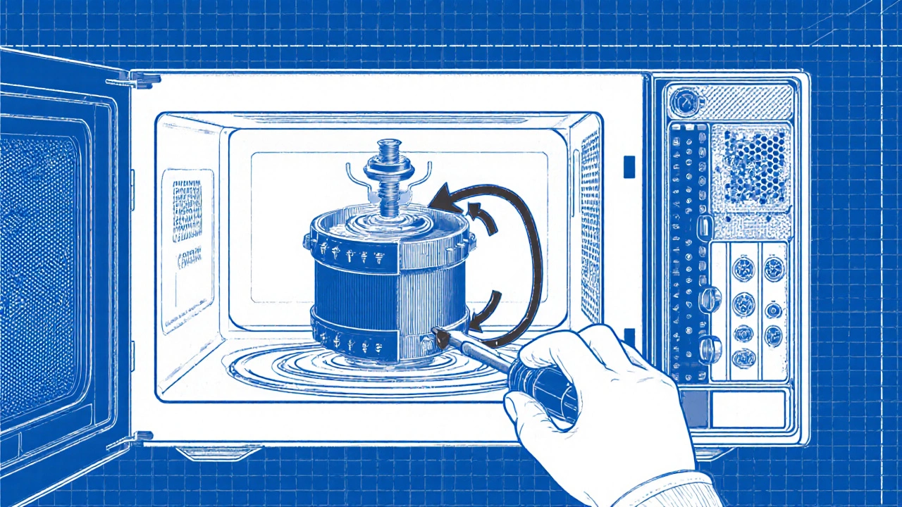 Technical drawing of a microwave being disassembled and a new magnetron being installed.