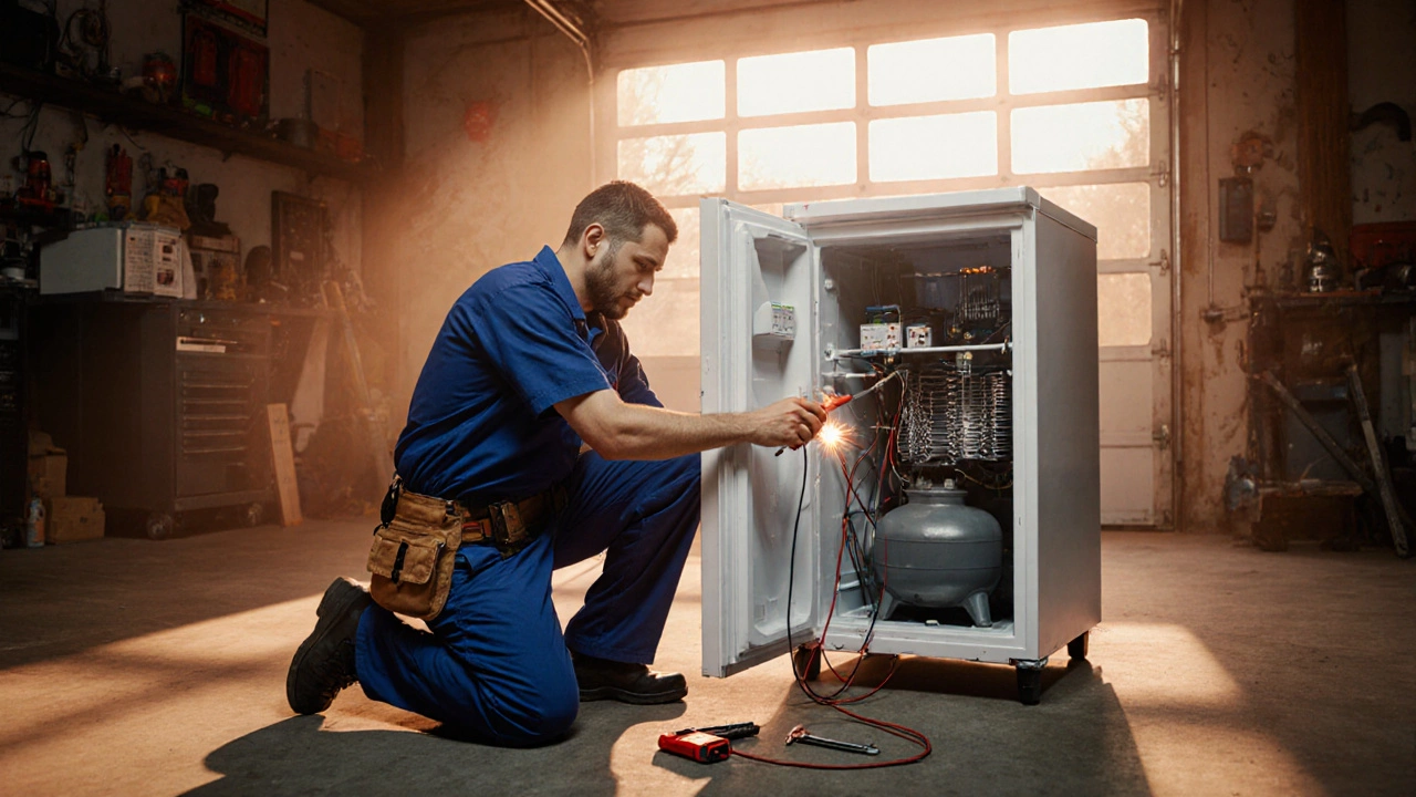Technician inspecting a freezer's compressor and coils in a garage.