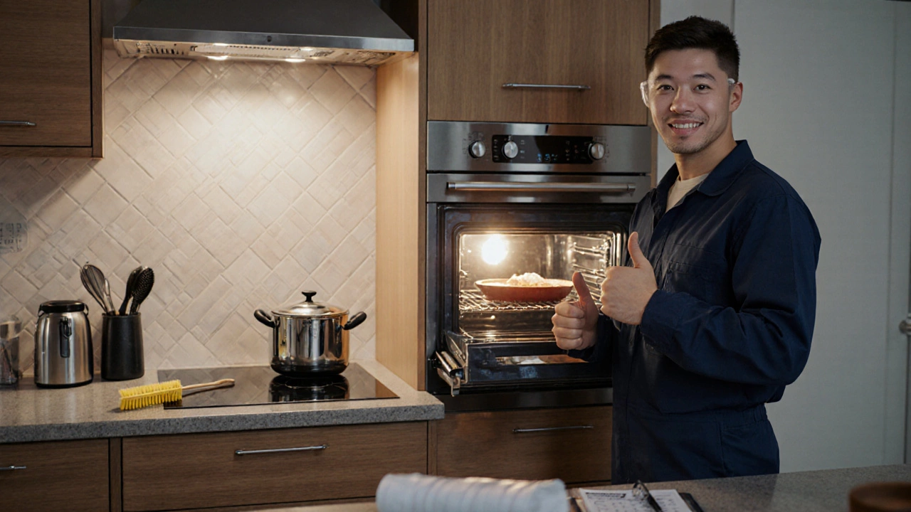Technician smiles beside repaired cooker with glowing controls and cleaning tools.