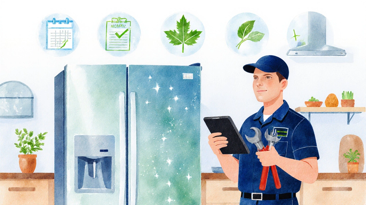 Watercolor scene of a clean fridge with a technician and symbols of maintenance and checklist.