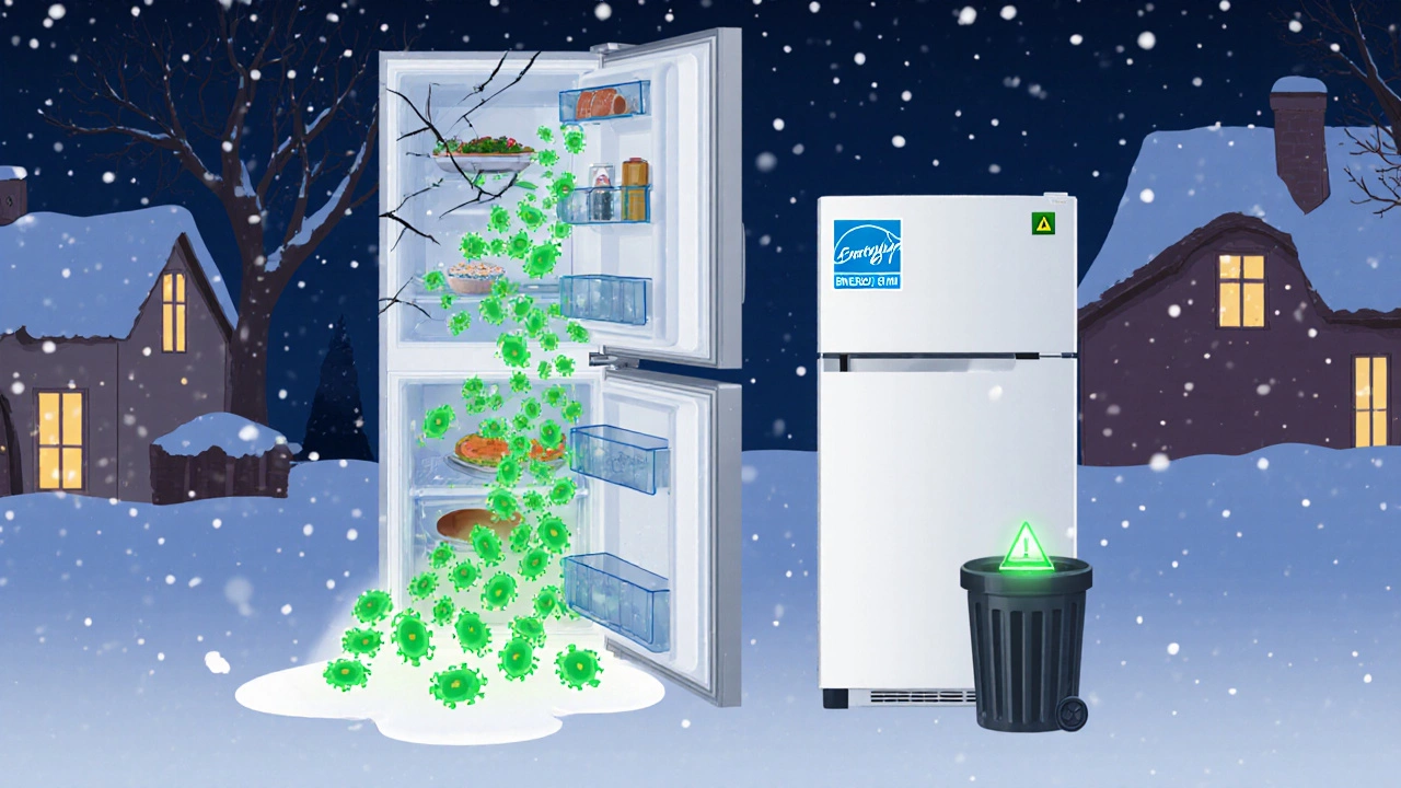 A cracked thermos leaking bacteria as new freezer with alert icon stands nearby.