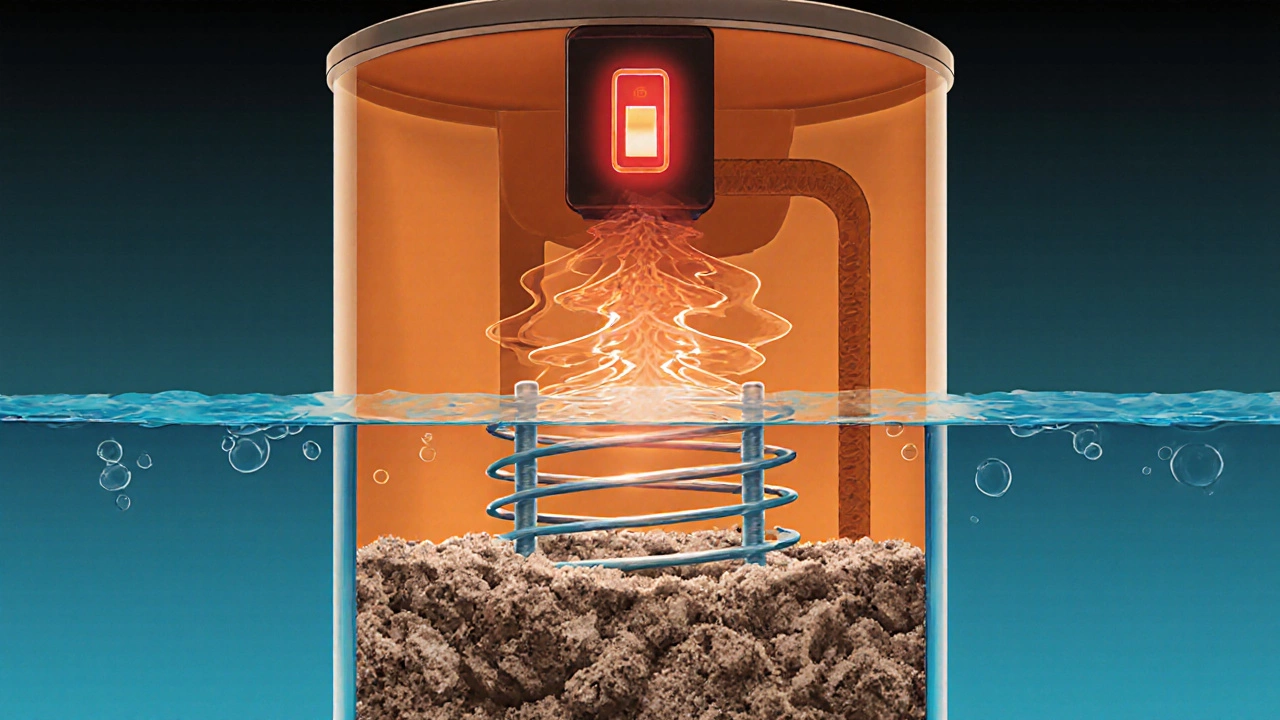 Cross-section of a water heater tank showing sediment buildup around the heating element and tripped reset switch.