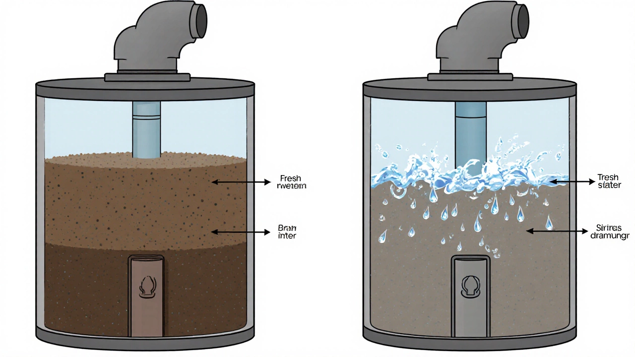 Cross-section of water heater showing sediment buildup vs. flushing action.