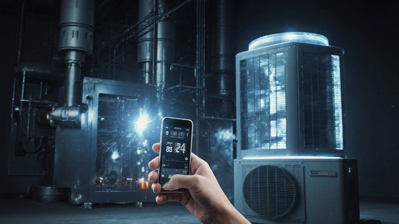 Hand holding a smart thermostat while massive furnace and heat pump loom behind, symbolizing control vs. function.