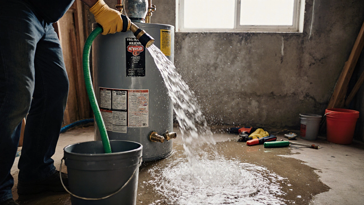 Homeowner draining a water heater tank with water flowing from a hose