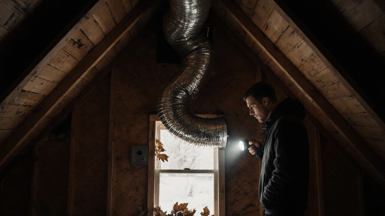 Person checking a kinked duct and blocked vent in an attic.