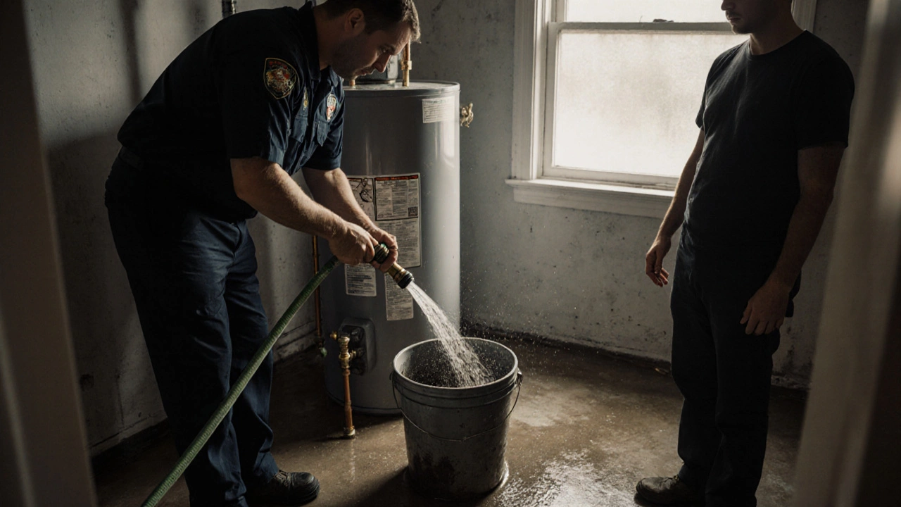 Plumber flushing a water heater drain valve with muddy water flowing into a bucket.