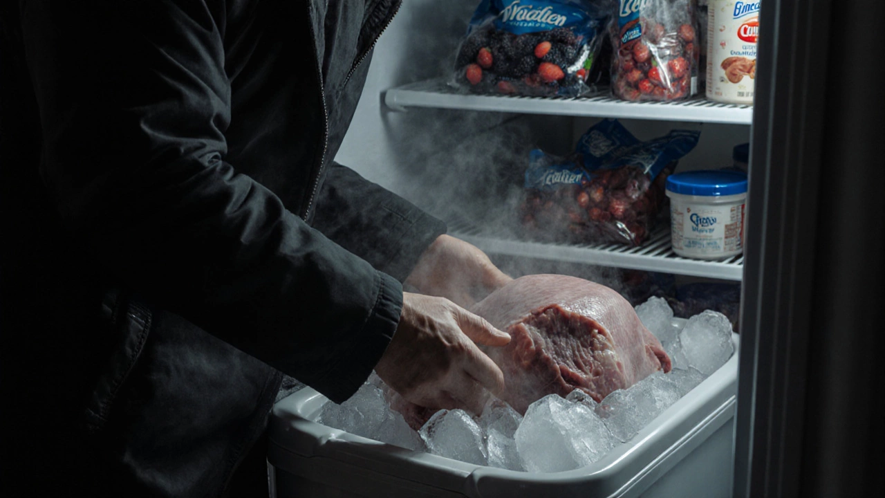 Someone transferring frozen food from a failed freezer into a cooler with dry ice.