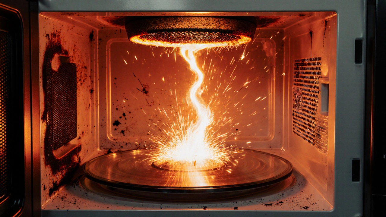 Sparks flying inside a microwave cavity, indicating dangerous internal arcing.