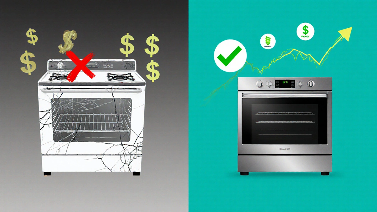 Split image: old broken oven vs. new efficient oven with savings graph.