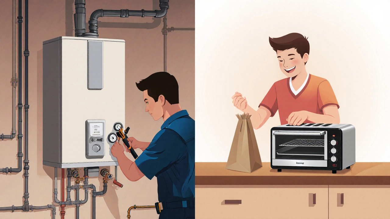Technician repairing a water heater beside a person replacing a toaster, showing major vs. small appliance differences.