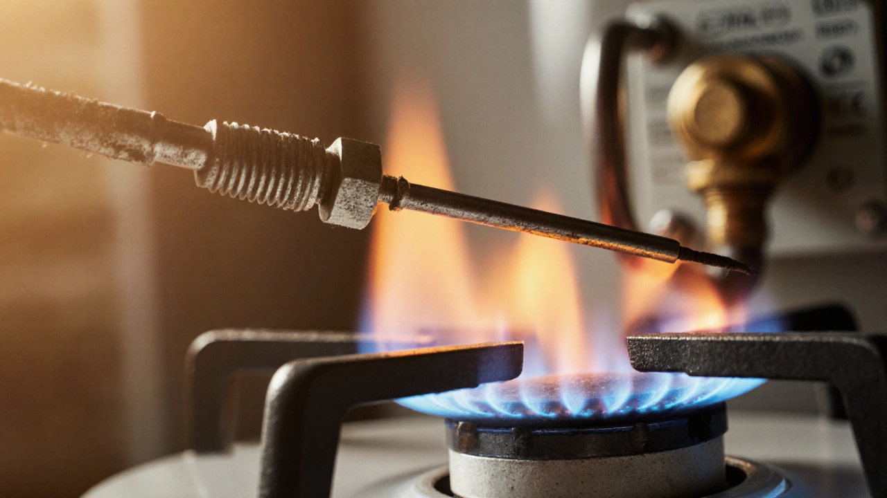 Thermocouple rod in a pilot light flame with soot buildup