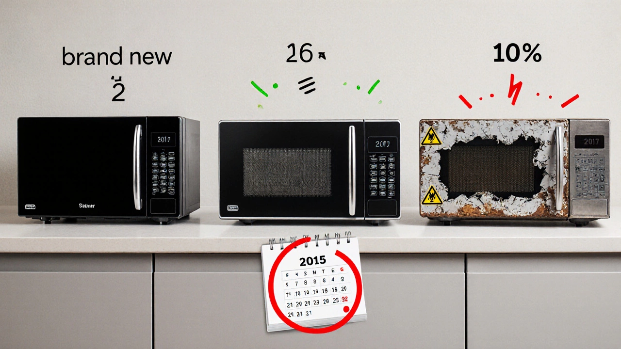 Three microwaves in a timeline showing aging from new to faulty over ten years.