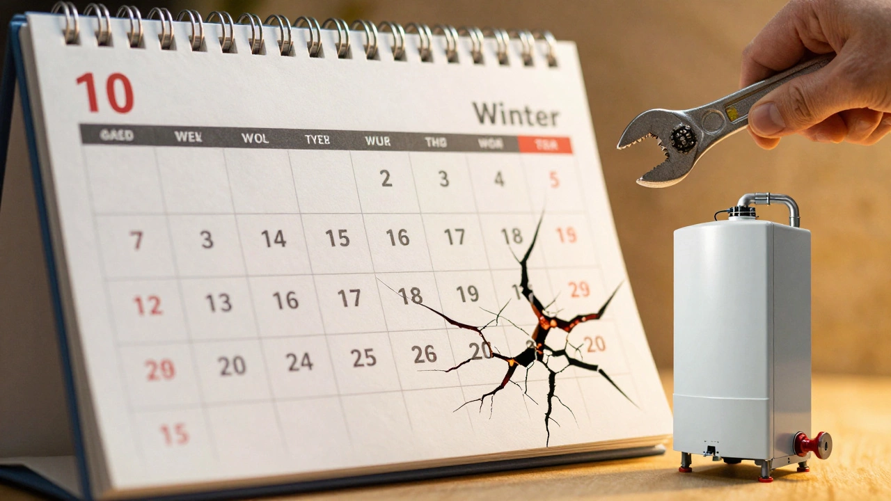 A calendar turning from 10 to 15 years with cracks spreading, hand holding a wrench near a new boiler.