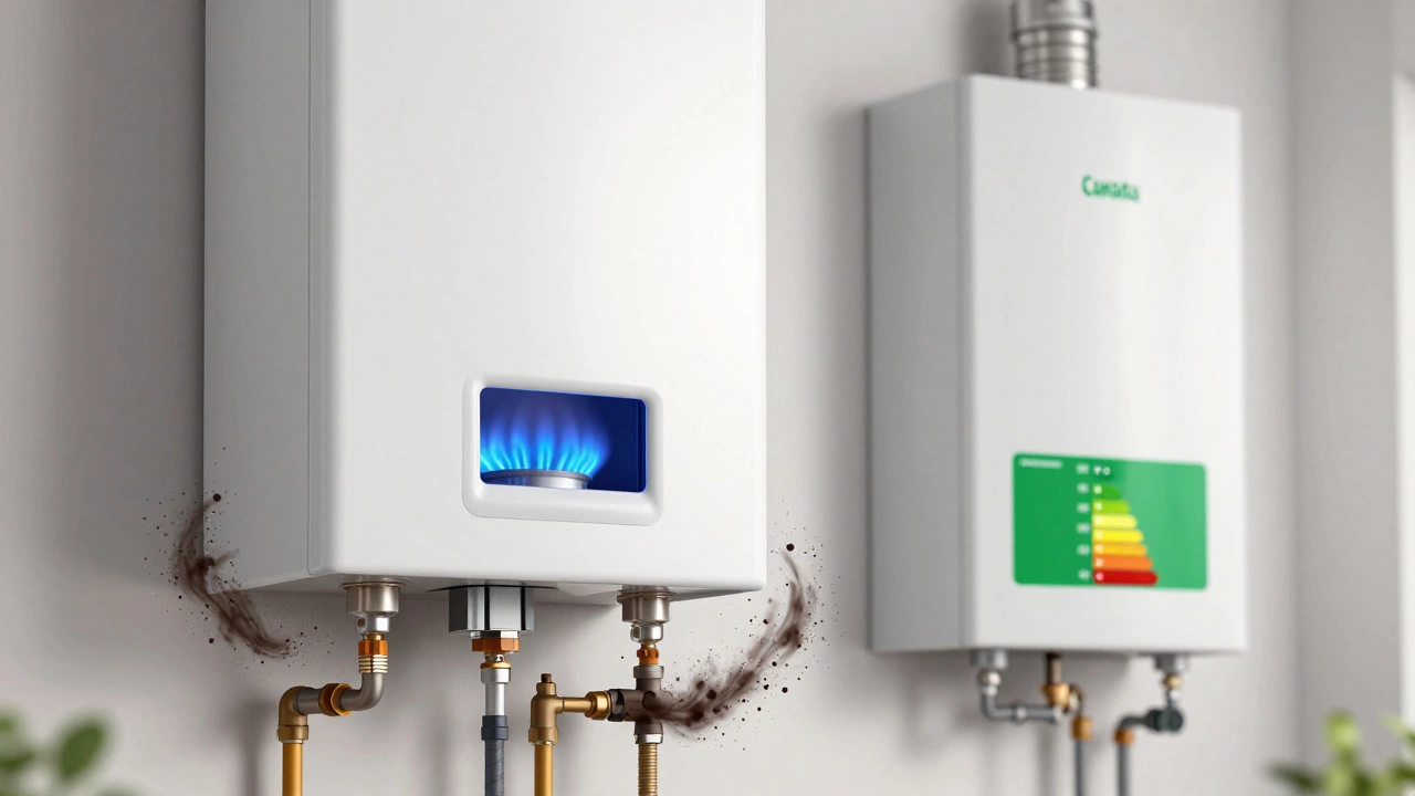 A combi boiler with a blue flame and sludge in pipes, next to a new efficient model.